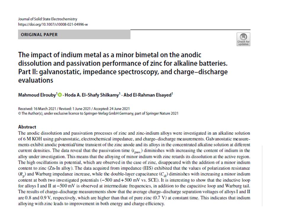 The impact of indium metal as a minor bimetal on the anodic dissolution and passivation performance of zinc for alkaline batteries. Part II: galvanostatic, impedance spectroscopy, and charge–discharge evaluations